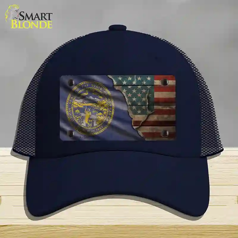 HAT16-MLP-12406 Nebraska & American Flag Novelty License Plate Hat, Mesh - Navy