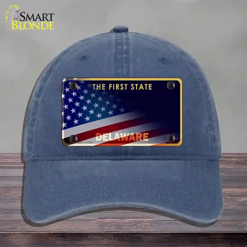 HAT11-MLP-12337 Delaware with American Flag Novelty License Plate Hat, Unconstructed Cotton - Navy