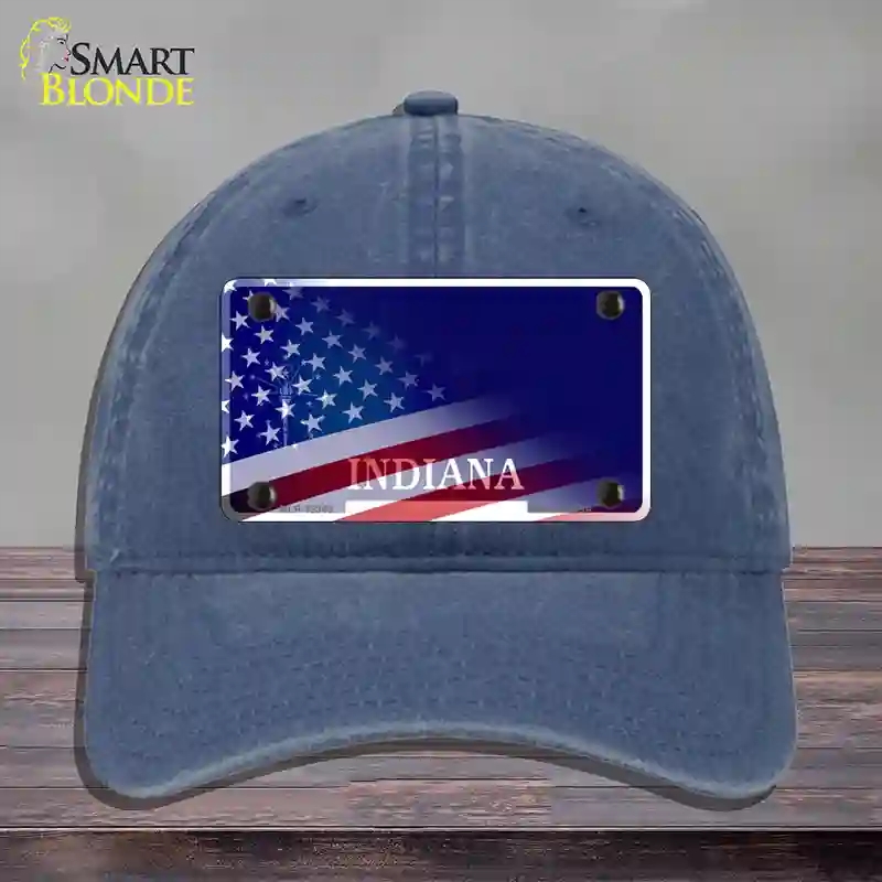 HAT11-MLP-12343 Indiana with American Flag Novelty License Plate Hat, Unconstructed Cotton - Navy