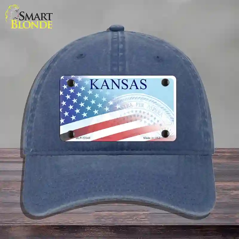 HAT11-MLP-12345 Kansas with American Flag Novelty License Plate Hat, Unconstructed Cotton - Navy