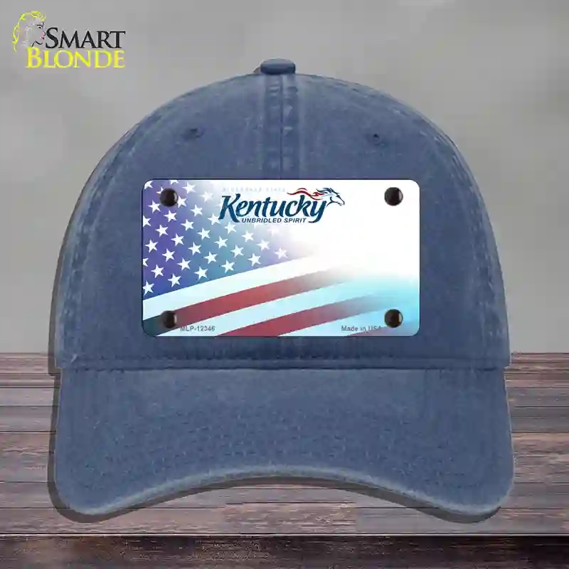 HAT11-MLP-12346 Kentucky with American Flag Novelty License Plate Hat, Unconstructed Cotton - Navy