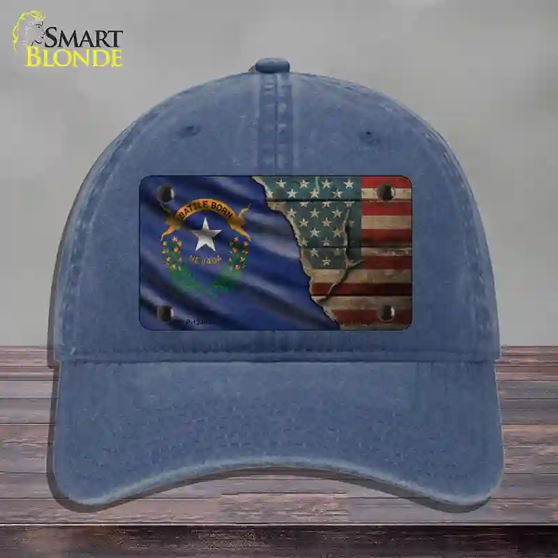 HAT11-MLP-12407 Nevada & American Flag Novelty License Plate Hat, Unconstructed Cotton - Navy