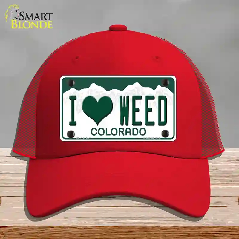HAT17-MLP-12156 I Love Weed Colorado Novelty License Plate Hat, Mesh - Red