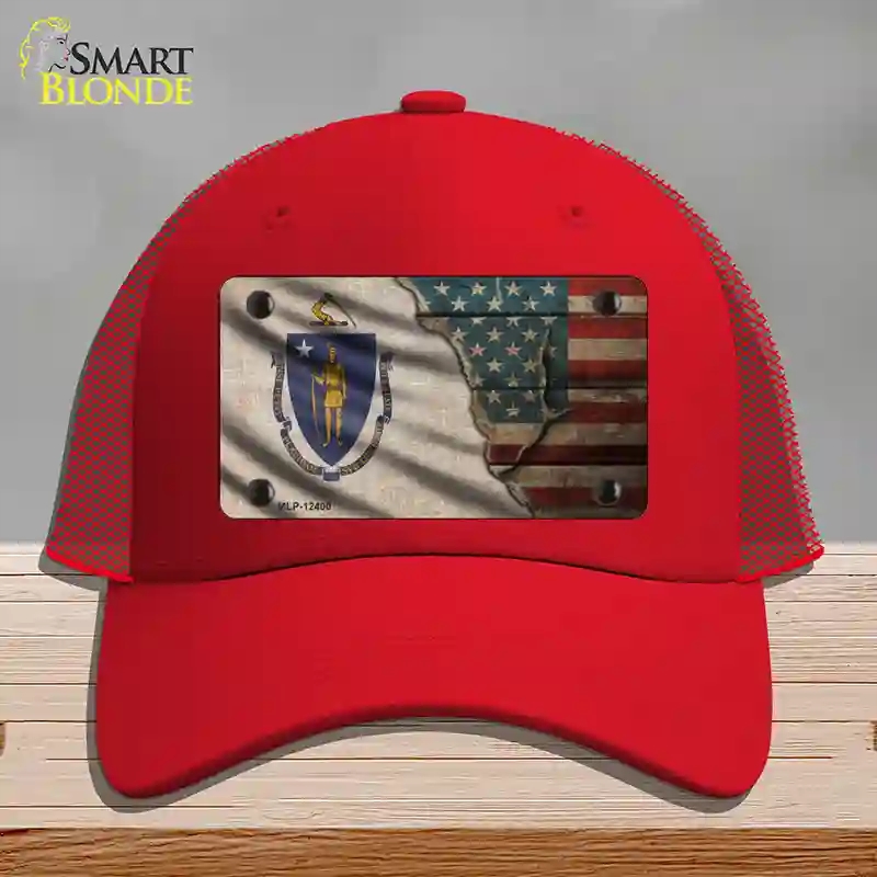 HAT17-MLP-12400 Massachusetts & American Flag Novelty License Plate Hat, Mesh - Red
