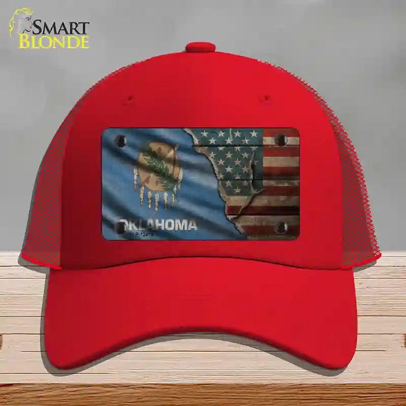 HAT17-MLP-12415 Oklahoma & American Flag Novelty License Plate Hat, Mesh - Red
