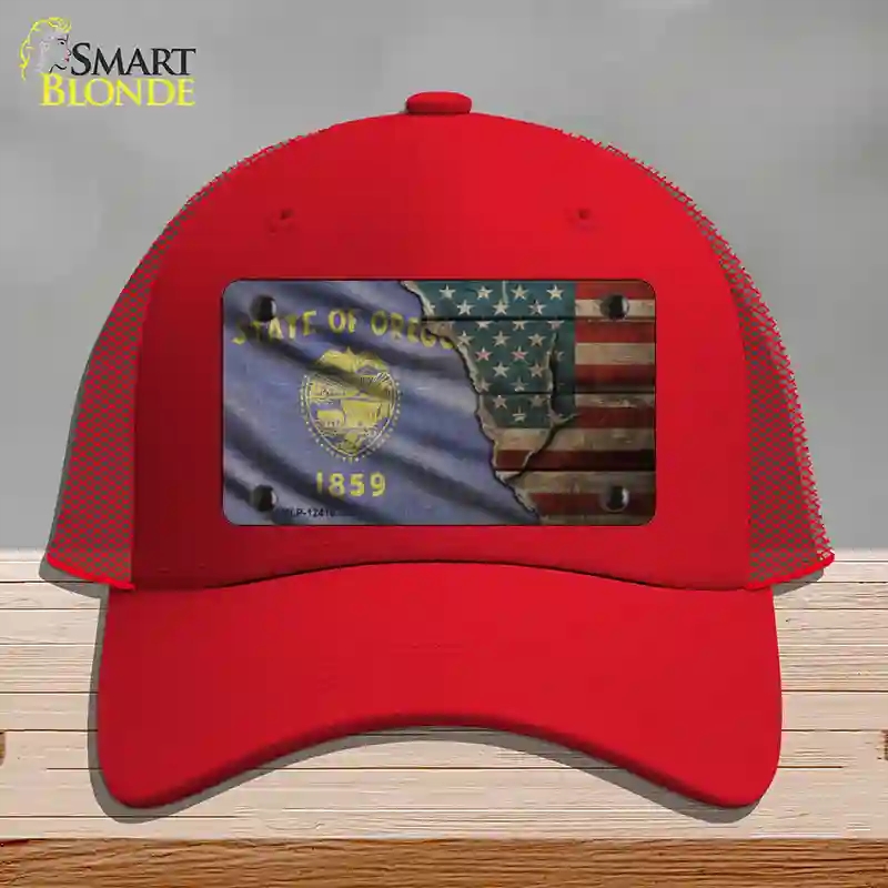 HAT17-MLP-12416 Oregon & American Flag Novelty License Plate Hat, Mesh - Red
