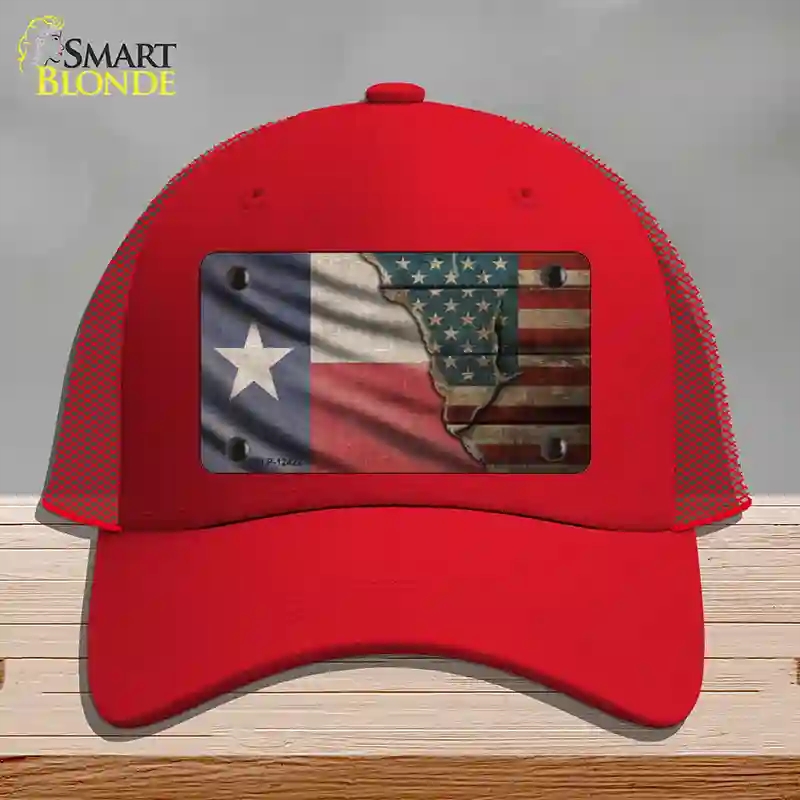 HAT17-MLP-12422 Texas & American Flag Novelty License Plate Hat, Mesh - Red