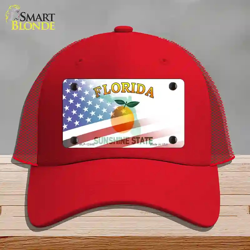 HAT17-MLP-12446 Florida Orange with American Flag Novelty License Plate Hat, Mesh - Red