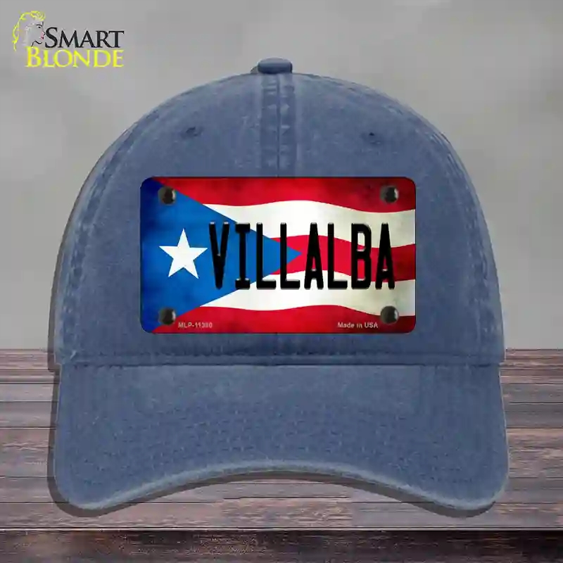 HAT11-MLP-11390 Villalba Puerto Rico Flag Novelty License Plate Hat, Unconstructed Cotton - Navy