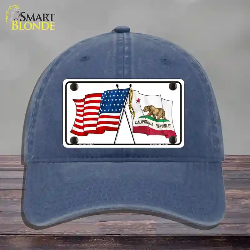 HAT11-MLP-11465 California Crossed US Flag Novelty License Plate Hat, Unconstructed Cotton - Navy