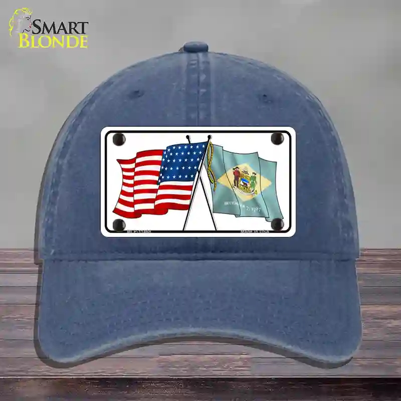 HAT11-MLP-11468 Delaware Crossed US Flag Novelty License Plate Hat, Unconstructed Cotton - Navy