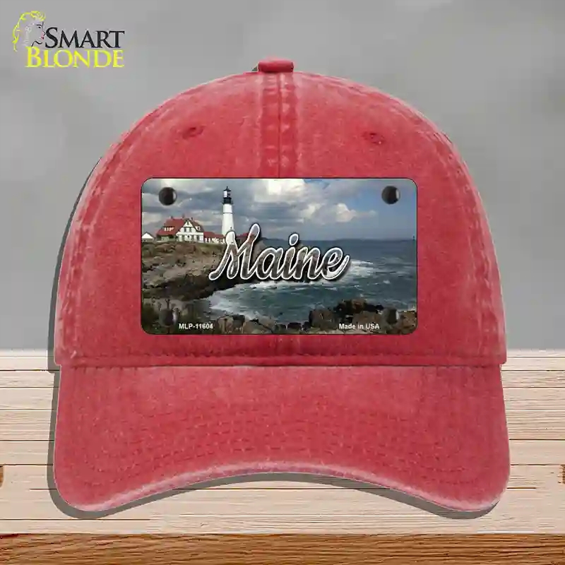 HAT13-MLP-11604 Maine Lighthouse Beach State Novelty License Plate Hat, Unconstructed Cotton - Red
