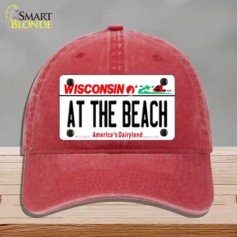 HAT13-MLP-10632 At the Beach Wisconsin Novelty License Plate Hat, Unconstructed Cotton - Red