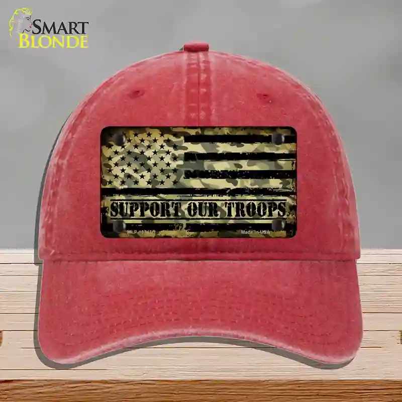 HAT13-MLP-10743 Camo American Flag Support Troops Novelty License Plate Hat, Unconstructed Cotton - Red