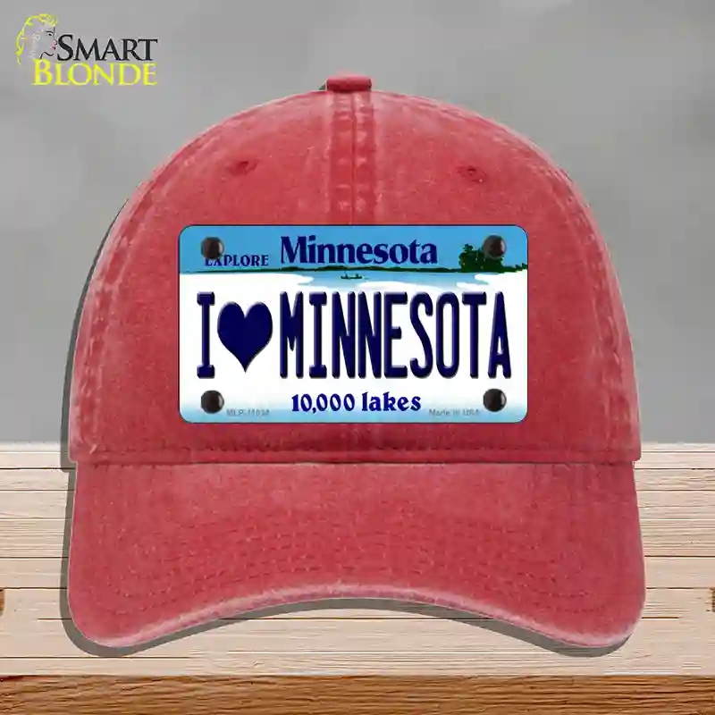HAT13-MLP-11034 I Love Minnesota Novelty License Plate Hat, Unconstructed Cotton - Red