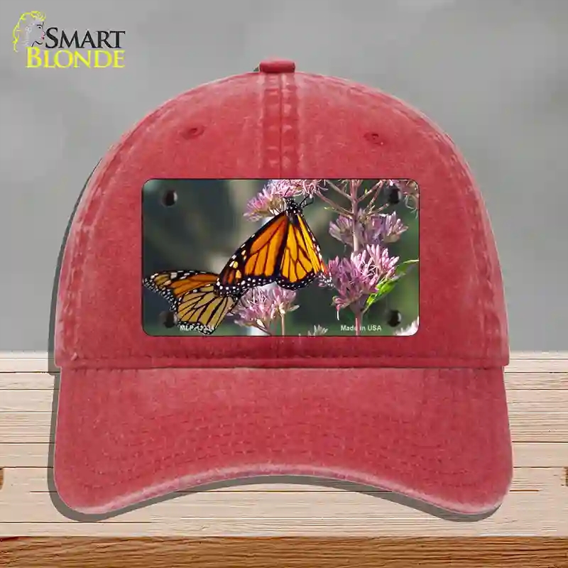 HAT13-MLP-11234 Butterfly Monarch on Flower Novelty License Plate Hat, Unconstructed Cotton - Red