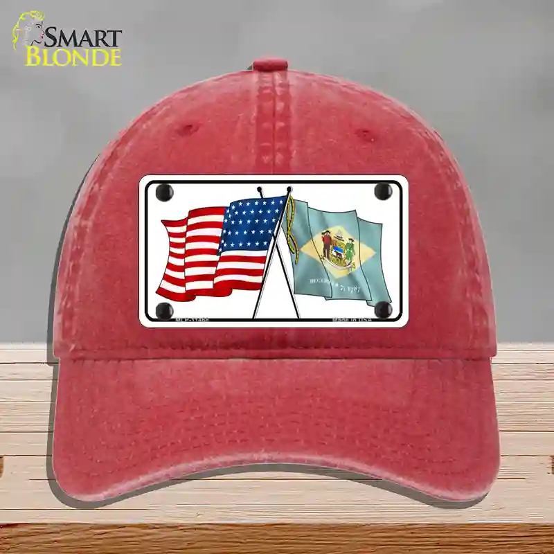 HAT13-MLP-11468 Delaware Crossed US Flag Novelty License Plate Hat, Unconstructed Cotton - Red