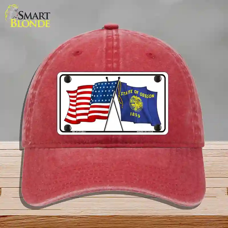 HAT13-MLP-11497 Oregon Crossed US Flag Novelty License Plate Hat, Unconstructed Cotton - Red