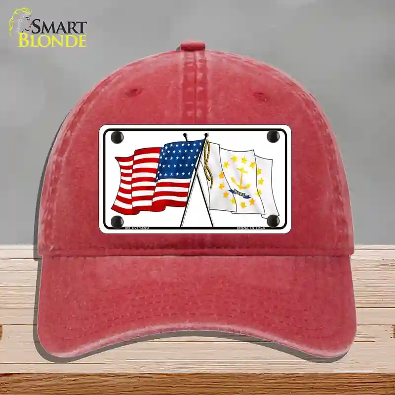 HAT13-MLP-11499 Rhode Island Crossed US Flag Novelty License Plate Hat, Unconstructed Cotton - Red