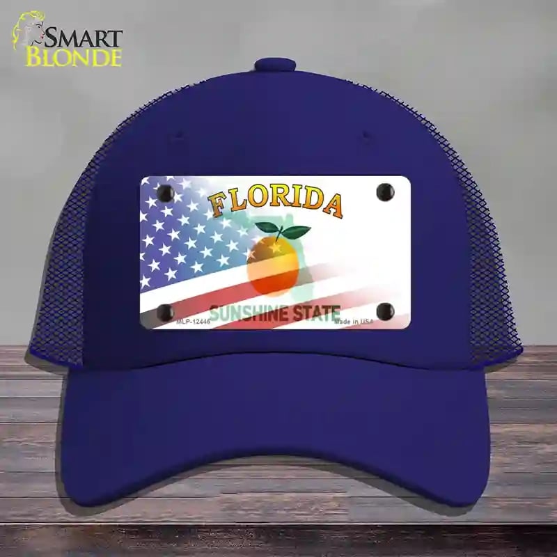 HAT18-MLP-12446 Florida Orange with American Flag Novelty License Plate Hat, Mesh - Royal Blue