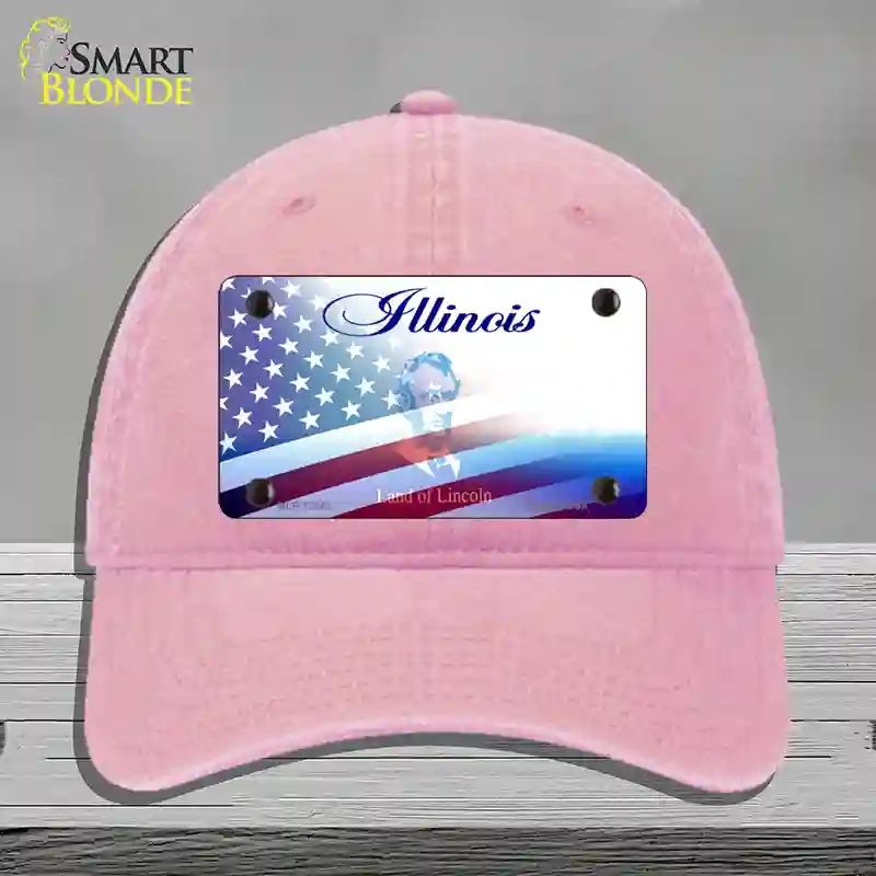 HAT12-MLP-12342 Illinois with American Flag Novelty License Plate Hat, Unconstructed Cotton - Pink