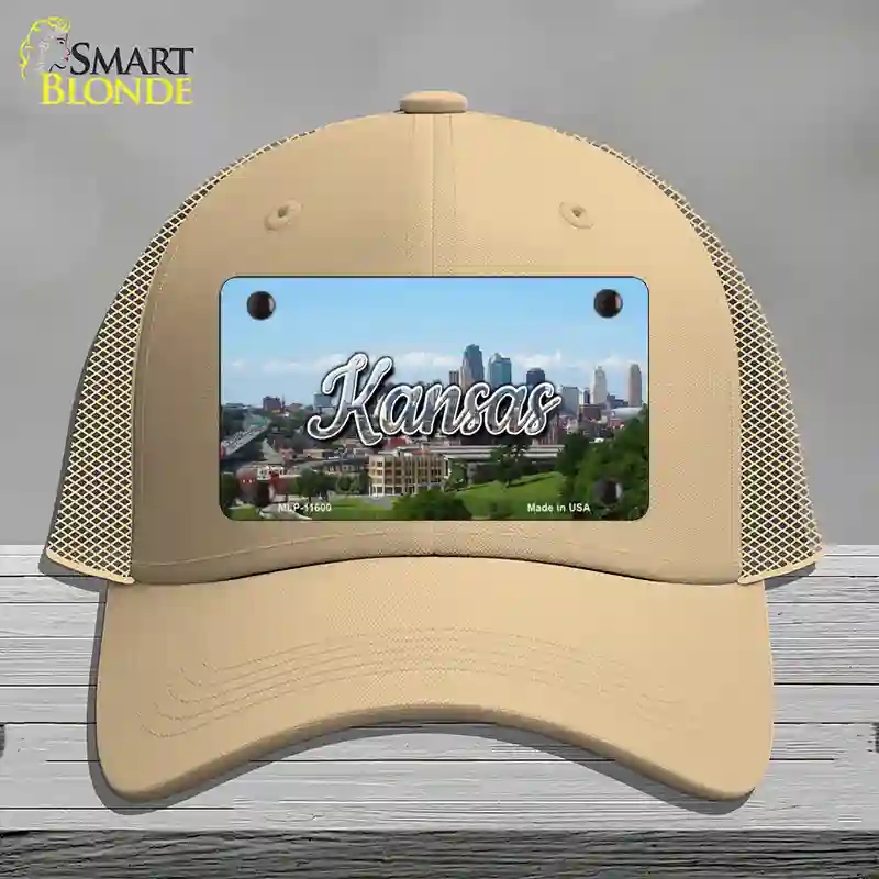 HAT15-MLP-11600 Kansas Downtown Skyline State Novelty License Plate Hat, Mesh - Khaki