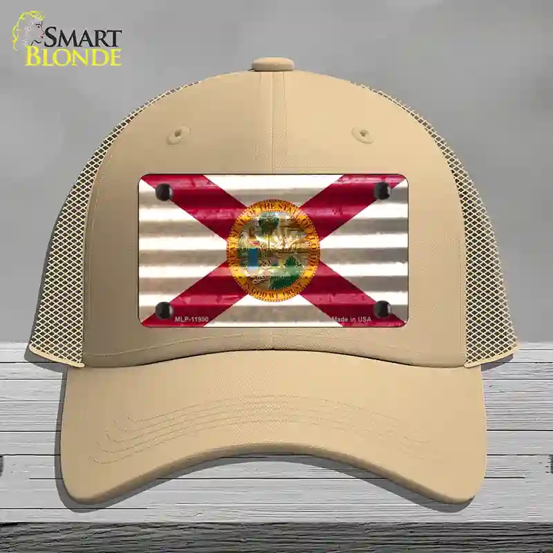 HAT15-MLP-11950 Florida Corrugated Flag Novelty License Plate Hat, Mesh - Khaki
