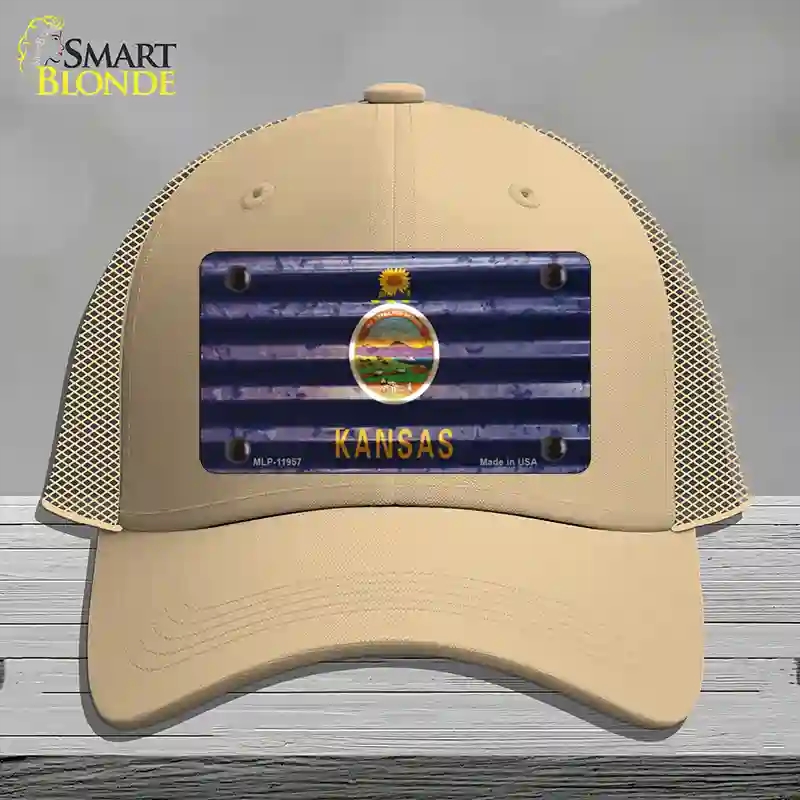 HAT15-MLP-11957 Kansas Corrugated Flag Novelty License Plate Hat, Mesh - Khaki