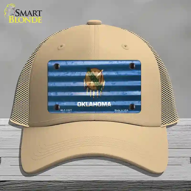 HAT15-MLP-11977 Oklahoma Corrugated Flag Novelty License Plate Hat, Mesh - Khaki