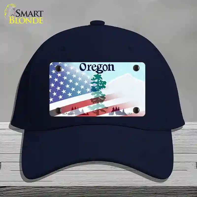 HAT20-MLP-12366 Oregon with American Flag Novelty License Plate Hat, Cotton - Navy