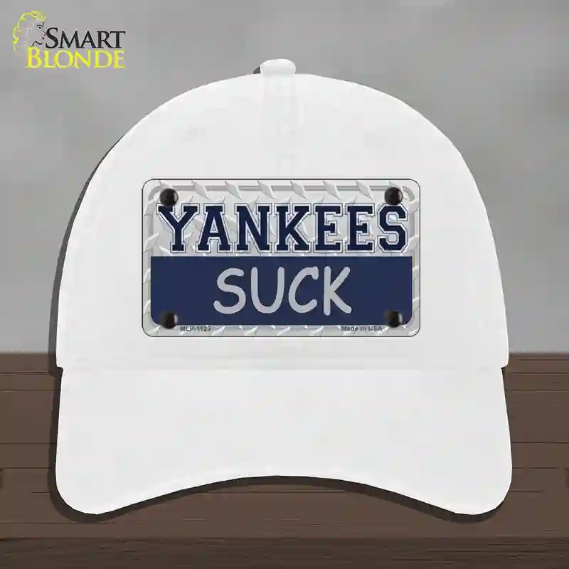 HAT14-MLP-1123 Yankees Suck Novelty License Plate Hat, Unconstructed Cotton - White