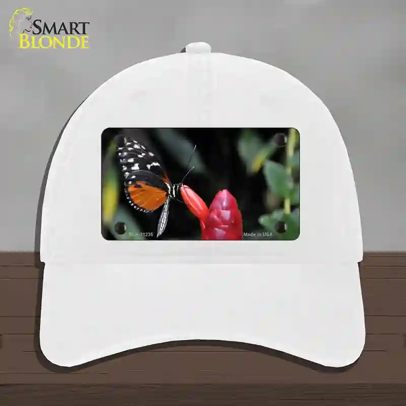 HAT14-MLP-11235 Butterfly on Red Flower Novelty License Plate Hat, Unconstructed Cotton - White