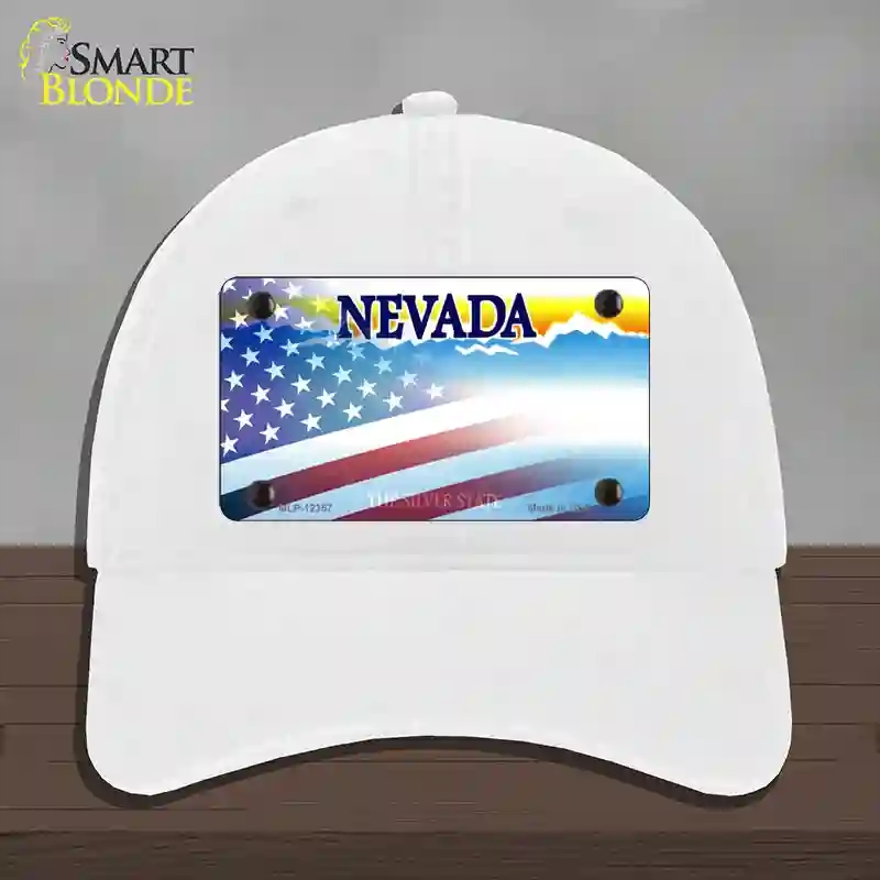 HAT14-MLP-12357 Nevada with American Flag Novelty License Plate Hat, Unconstructed Cotton - White