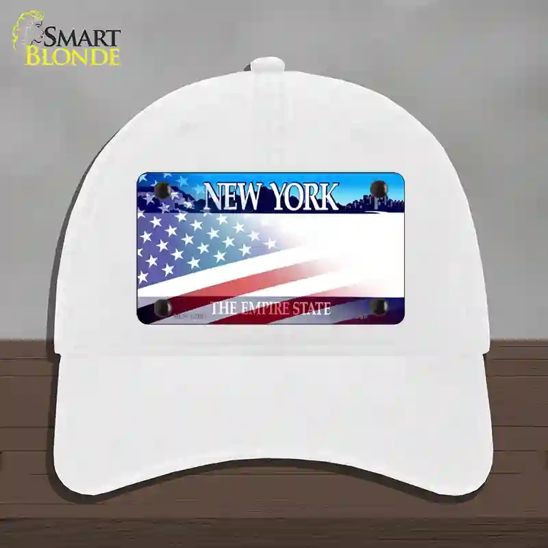 HAT14-MLP-12361   York with American Flag Novelty License Plate Hat, Unconstructed Cotton - White