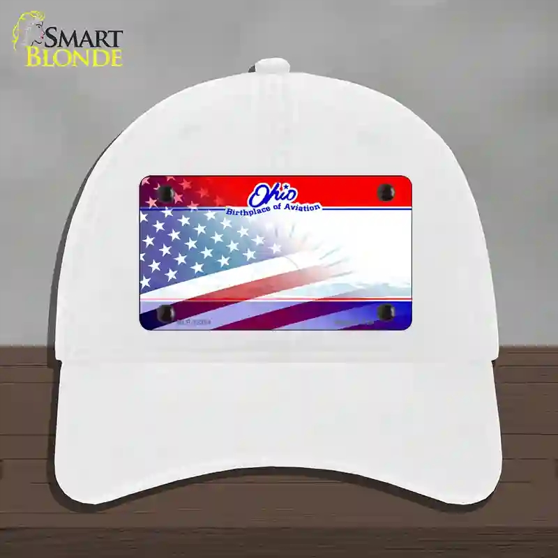 HAT14-MLP-12364 Ohio with American Flag Novelty License Plate Hat, Unconstructed Cotton - White