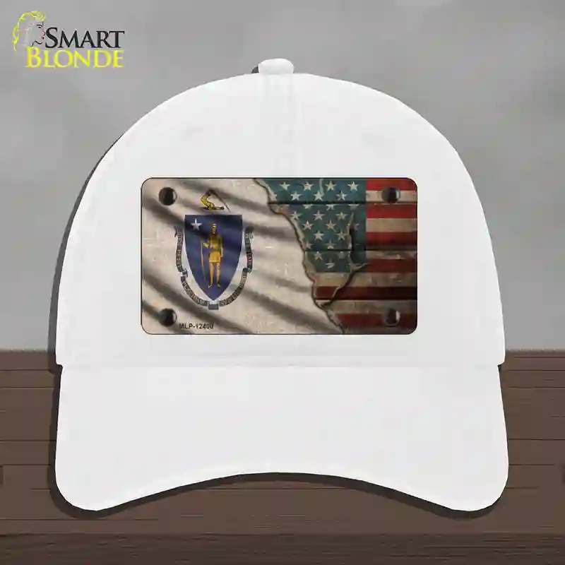 HAT14-MLP-12400 Massachusetts & American Flag Novelty License Plate Hat, Unconstructed Cotton - White
