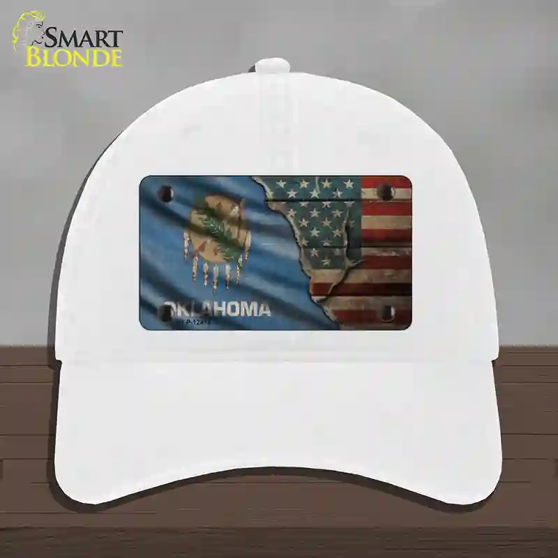 HAT14-MLP-12415 Oklahoma & American Flag Novelty License Plate Hat, Unconstructed Cotton - White