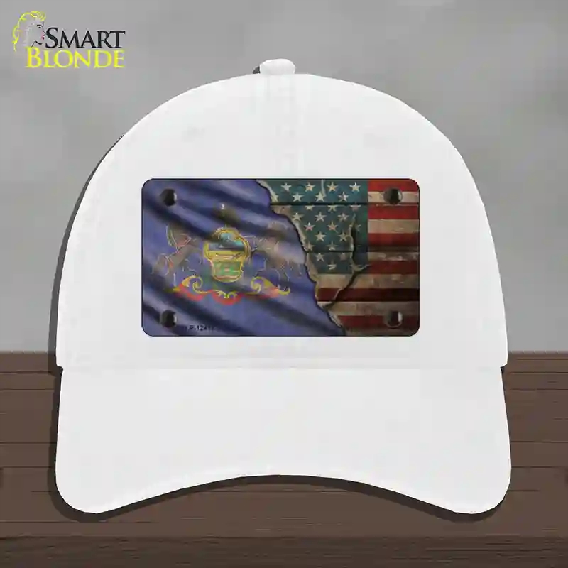 HAT14-MLP-12417 Pennsylvania & American Flag Novelty License Plate Hat, Unconstructed Cotton - White
