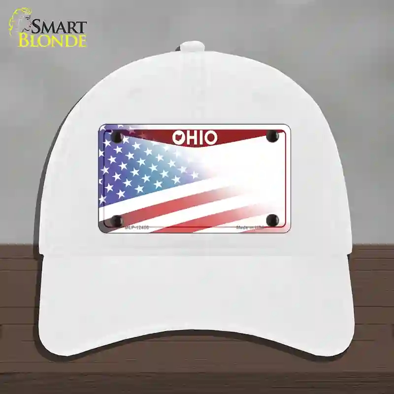 HAT14-MLP-12456 Ohio State American Flag Novelty License Plate Hat, Unconstructed Cotton - White