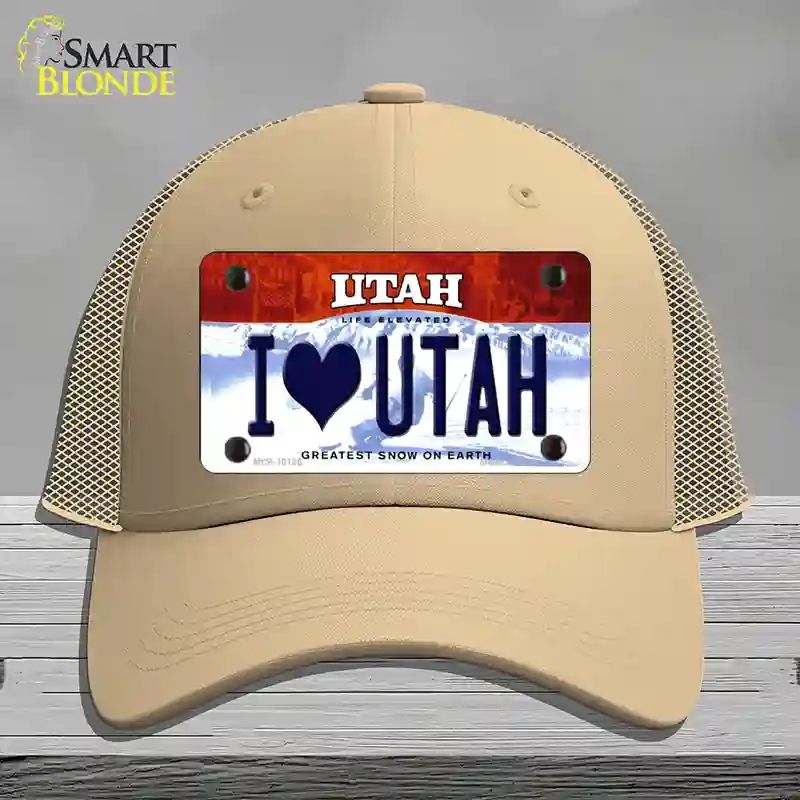 HAT15-MLP-10196 I Love Utah Novelty License Plate Hat, Mesh - Khaki