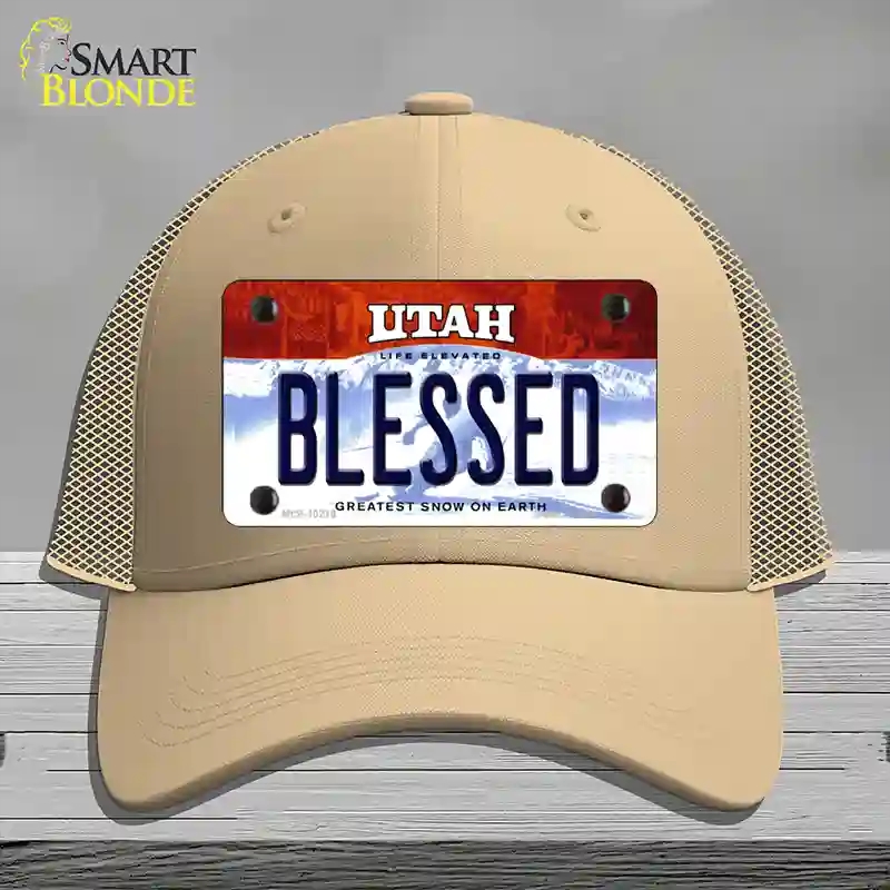 HAT15-MLP-10219 Blessed Utah Novelty License Plate Hat, Mesh - Khaki
