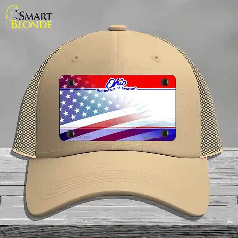 HAT15-MLP-12364 Ohio with American Flag Novelty License Plate Hat, Mesh - Khaki
