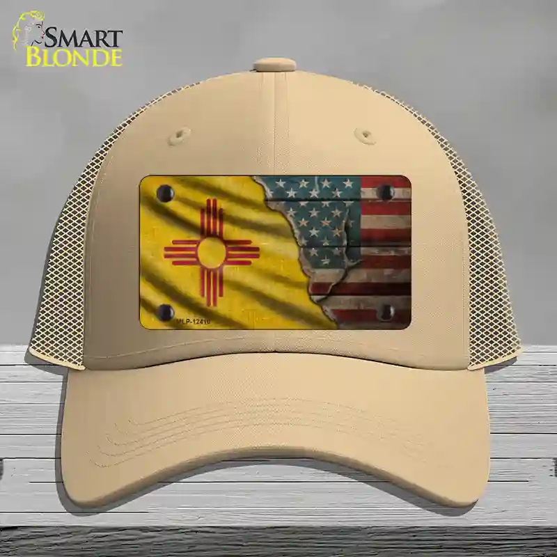 HAT15-MLP-12410   Mexico & American Flag Novelty License Plate Hat, Mesh - Khaki