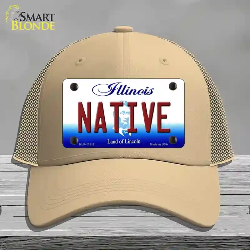 HAT15-MLP-10312 Native Illinois Novelty License Plate Hat, Mesh - Khaki