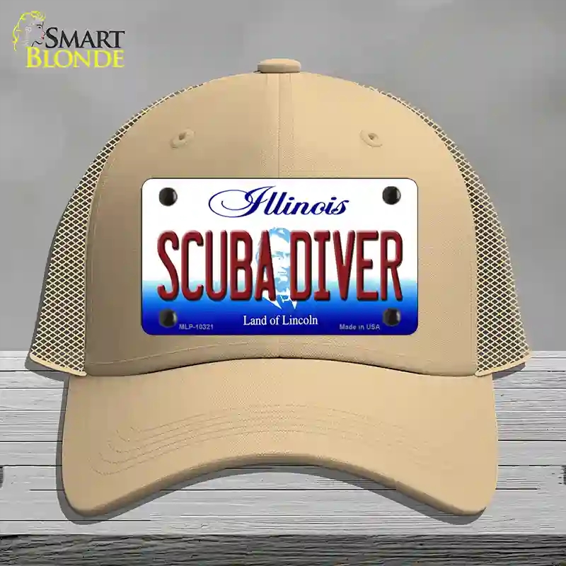 HAT15-MLP-10321 Scuba Diver Illinois Novelty License Plate Hat, Mesh - Khaki