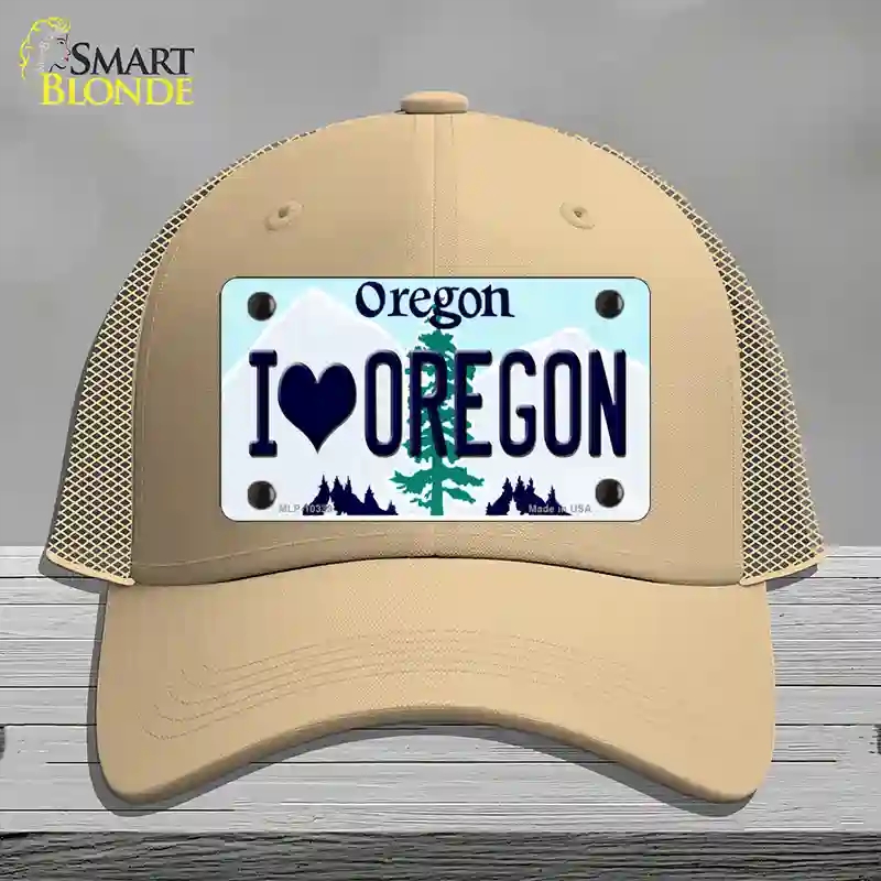 HAT15-MLP-10339 I Love Oregon Novelty License Plate Hat, Mesh - Khaki