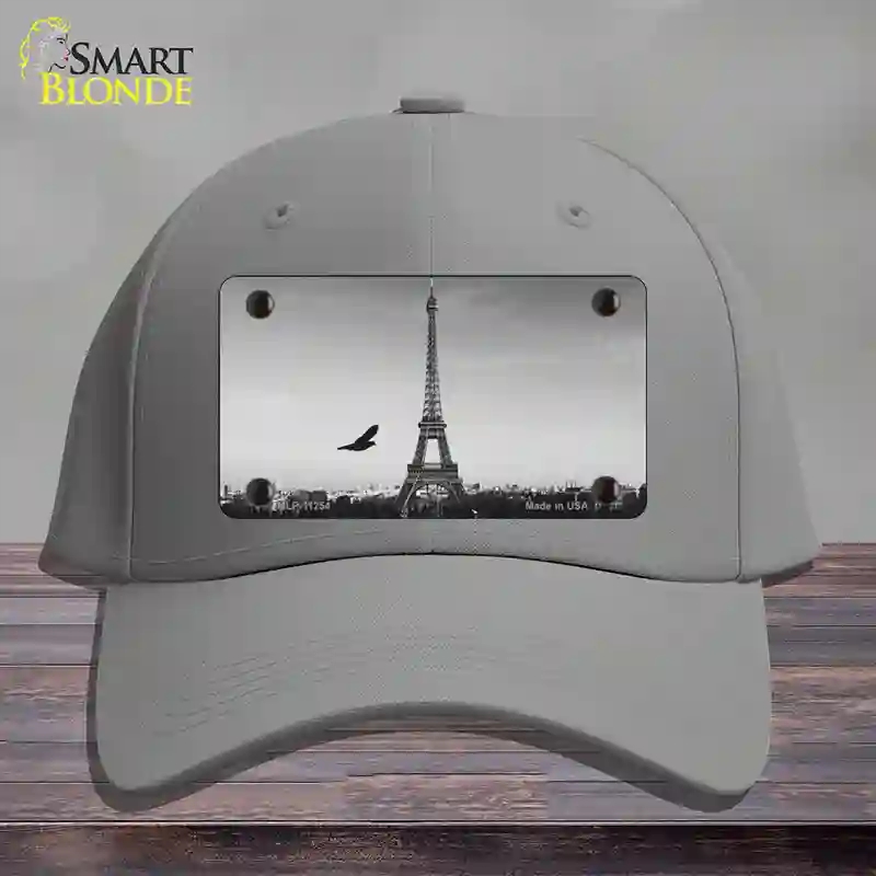 HAT23-MLP-11254 Eiffel Tower Black & White with Bird Novelty License Plate Hat, Cotton - Gray
