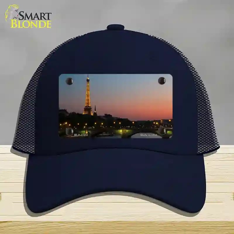 HAT16-MLP-11251 Eiffel Tower Night with River & Bridge Novelty License Plate Hat, Mesh - Navy