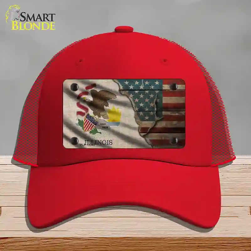 HAT17-MLP-12392 Illinois & American Flag Novelty License Plate Hat, Mesh - Red