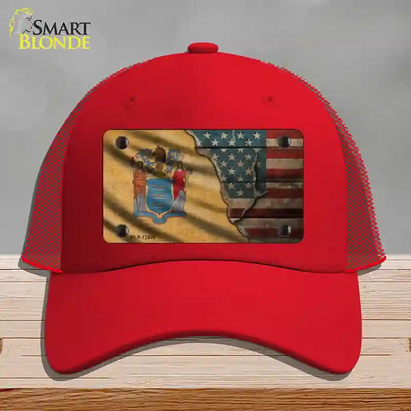 HAT17-MLP-12409   Jersey & American Flag Novelty License Plate Hat, Mesh - Red